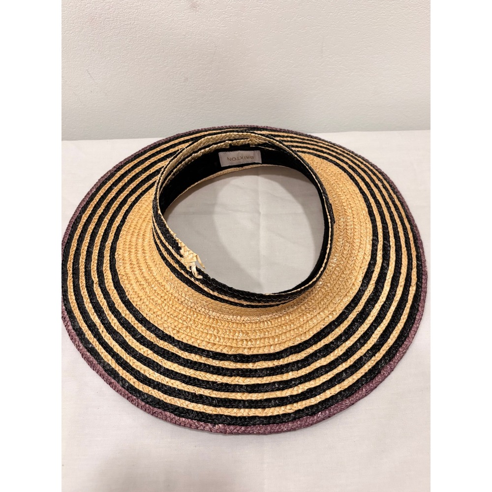 Brixton Straw Sun Visor Hat Striped Black Purple Tan Wide Brim Summer Accessory